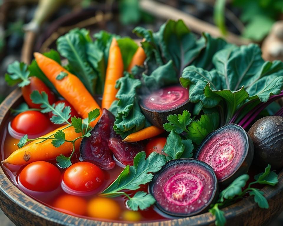 Farben in Bio-Gemüsebrühen